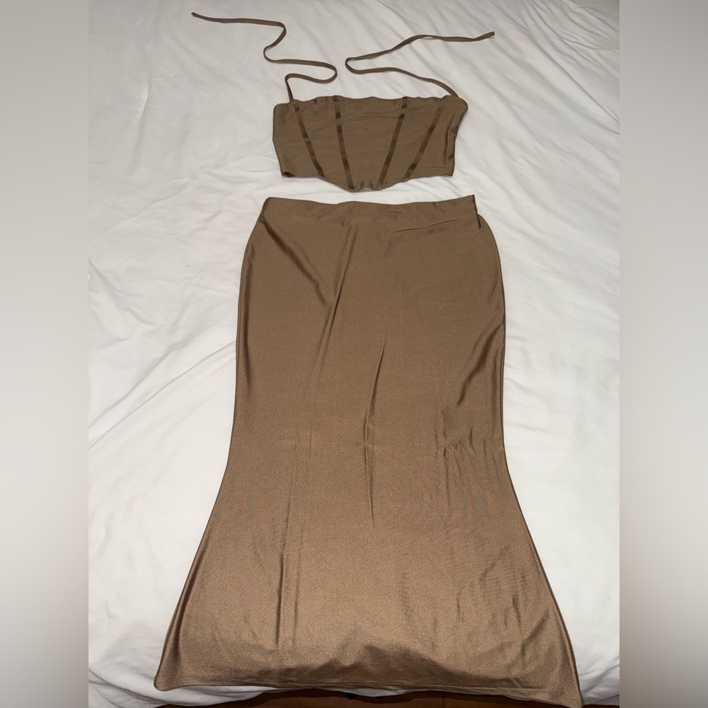 Brown Two-Piece Strapless Top and Skirt Set